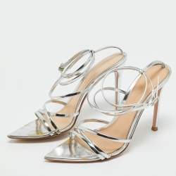 Pre Owned Gianvito Rossi Silver Leather Kim Ankle Wrap Sandals Size 37.5