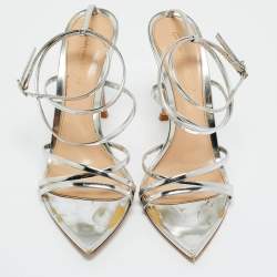 Pre Owned Gianvito Rossi Silver Leather Kim Ankle Wrap Sandals Size 37.5