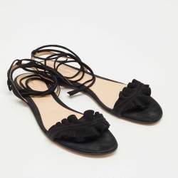 Pre Owned Gianvito Rossi Black Suede Ruffle Detail Ankle Wrap Flat Sandals Size 41