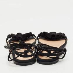 Pre Owned Gianvito Rossi Black Suede Ruffle Detail Ankle Wrap Flat Sandals Size 41