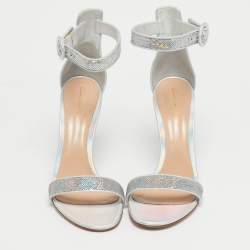 Pre Owned Gianvito Rossi Silver Iridescent Leather and Sequins Portofino Ankle Strap Sandals Size 42