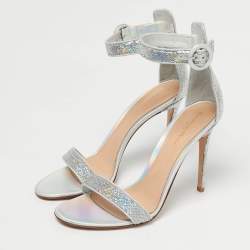 Pre Owned Gianvito Rossi Silver Iridescent Leather and Sequins Portofino Ankle Strap Sandals Size 42