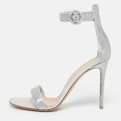Pre Owned Gianvito Rossi Silver Iridescent Leather and Sequins Portofino Ankle Strap Sandals Size 42