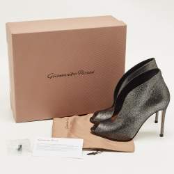 Pre Owned Gianvito Rossi Metallic Grey Leather Vamp Peep Toe Booties Size 37.5