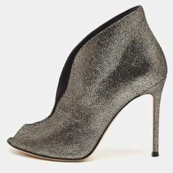 Pre Owned Gianvito Rossi Metallic Grey Leather Vamp Peep Toe Booties Size 37.5
