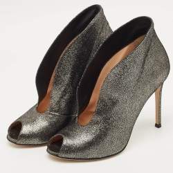 Pre Owned Gianvito Rossi Metallic Grey Leather Vamp Peep Toe Booties Size 37.5