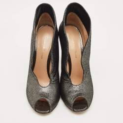 Pre Owned Gianvito Rossi Metallic Grey Leather Vamp Peep Toe Booties Size 37.5