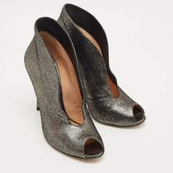 Pre Owned Gianvito Rossi Metallic Grey Leather Vamp Peep Toe Booties Size 37.5