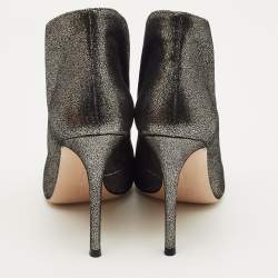 Pre Owned Gianvito Rossi Metallic Grey Leather Vamp Peep Toe Booties Size 37.5