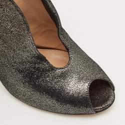 Pre Owned Gianvito Rossi Metallic Grey Leather Vamp Peep Toe Booties Size 37.5