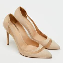 Pre Owned Gianvito Rossi Beige Suede and Mesh Pointed Toe Pumps Size 39.5