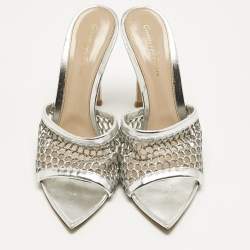 Pre Owned Gianvito Rossi Silver Leather and Metallic Mesh Alisia Slide Sandals Size 39