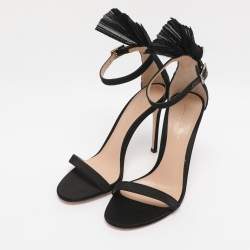 Pre Owned Gianvito Rossi Black Satin Belvedere Frill Detail Ankle Strap Sandals Size 36.5