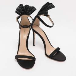 Pre Owned Gianvito Rossi Black Satin Belvedere Frill Detail Ankle Strap Sandals Size 36.5