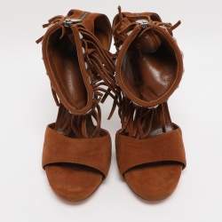 Pre Owned Gianvito Rossi Brown Suede Fringe Ankle Wrap Sandals Size 38.5