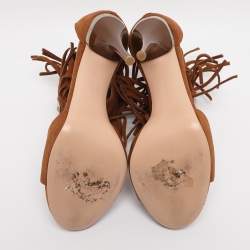 Pre Owned Gianvito Rossi Brown Suede Fringe Ankle Wrap Sandals Size 38.5