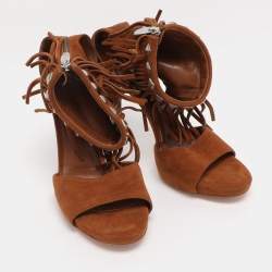 Pre Owned Gianvito Rossi Brown Suede Fringe Ankle Wrap Sandals Size 38.5
