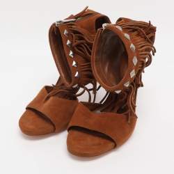 Pre Owned Gianvito Rossi Brown Suede Fringe Ankle Wrap Sandals Size 38.5