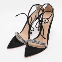 Pre Owned Gianvito Rossi Black Suede Montecarlo Crystal Embellished Ankle Strap Sandals Size 39
