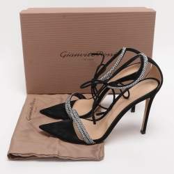 Pre Owned Gianvito Rossi Black Suede Montecarlo Crystal Embellished Ankle Strap Sandals Size 39