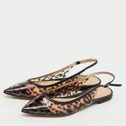 Pre Owned Gianvito Rossi Black/Brown PVC Animal Print Slingback Flats Size 38.5