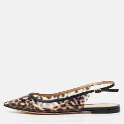 Pre Owned Gianvito Rossi Black/Brown PVC Animal Print Slingback Flats Size 38.5