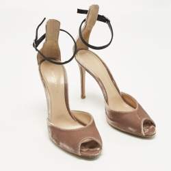 Pre Owned Gianvito Rossi Beige Velvet Peep Toe Ankle Strap Pumps Size 40.5