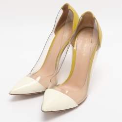 Pre Owned Gianvito Rossi Cream/Yellow Patent Leather And PVC Plexi Pointed Toe Pumps Size 35