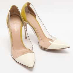 Pre Owned Gianvito Rossi Cream/Yellow Patent Leather And PVC Plexi Pointed Toe Pumps Size 35