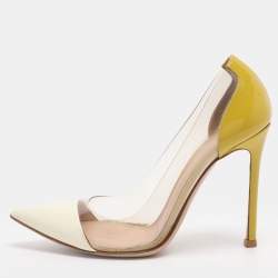 Pre Owned Gianvito Rossi Cream/Yellow Patent Leather And PVC Plexi Pointed Toe Pumps Size 35