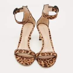 Pre Owned Gianvito Rossi Brown/Beige Leopard Print Calf Hair Portofino Ankle Strap Sandals Size 36.5