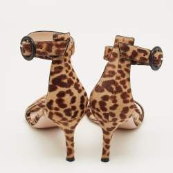 Pre Owned Gianvito Rossi Brown/Beige Leopard Print Calf Hair Portofino Ankle Strap Sandals Size 36.5