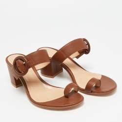Pre Owned Gianvito Rossi Brown Leather Ring Toe Block Heel Slide Sandals Size 36.5