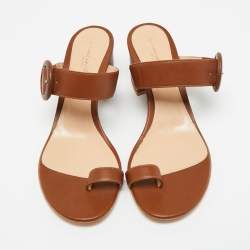 Pre Owned Gianvito Rossi Brown Leather Ring Toe Block Heel Slide Sandals Size 36.5