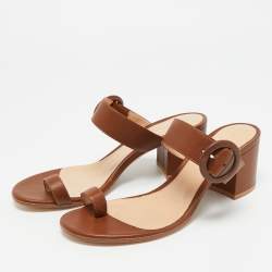 Pre Owned Gianvito Rossi Brown Leather Ring Toe Block Heel Slide Sandals Size 36.5