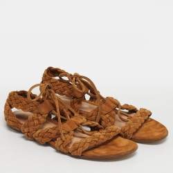 Pre Owned Gianvito Rossi Brown Ankle Tie Flat Sandals Size 35.5