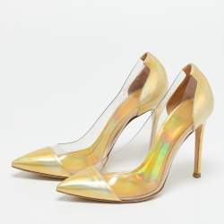 Pre Owned Gianvito Rossi Gold/Transparent Patent Leather And PVC Plexi Pointed Toe Pumps Size 35