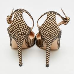 Pre Owned حذاء كعب عالي جيانفيتو روسي جلد بيج/أسود بشبك سوار الكاحل مقاس 35.5