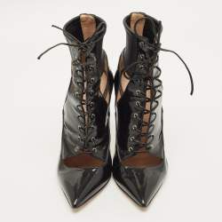 مملوكة مسبقًا حذاء بوت بطول الكاحل أربطة مقدمة مدببة جلد لامع أسود جيانفيتو روسي مقاس 35.5