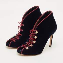 مملوكة مسبقًا حذاء بوت كاحل جينفيتو روسي "ميرال" دانتيل علوي مخملي أزرق بحري مقاس 35.5