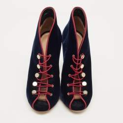 مملوكة مسبقًا حذاء بوت كاحل جينفيتو روسي "ميرال" دانتيل علوي مخملي أزرق بحري مقاس 35.5