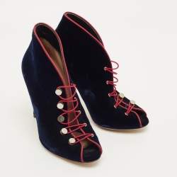 مملوكة مسبقًا حذاء بوت كاحل جينفيتو روسي "ميرال" دانتيل علوي مخملي أزرق بحري مقاس 35.5