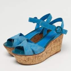 Pre Owned Gianvito Rossi Size 40 Blue Suede Cork Wedge Ankle Strap Sandals