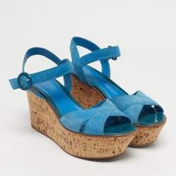 Pre Owned Gianvito Rossi Size 40 Blue Suede Cork Wedge Ankle Strap Sandals