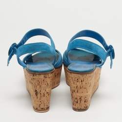 Pre Owned Gianvito Rossi Size 40 Blue Suede Cork Wedge Ankle Strap Sandals