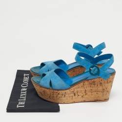 Pre Owned Gianvito Rossi Size 40 Blue Suede Cork Wedge Ankle Strap Sandals