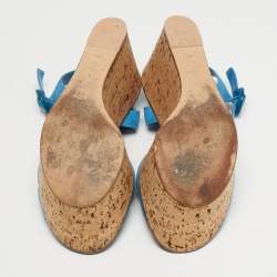 Pre Owned Gianvito Rossi Size 40 Blue Suede Cork Wedge Ankle Strap Sandals