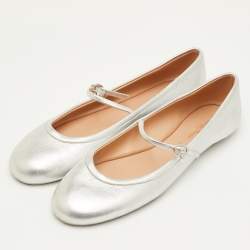 Pre Owned Gianvito Rossi Carla Size 41 Silver Leather Mary Jane Ballet Flats