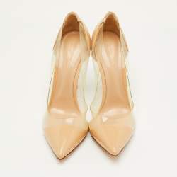 مملوكة مسبقًا حذاء كعب عالي جيانفيتو روسي بليكسى جلد لامع وبي في سي بيج/شفاف مقدمة مدببة مقاس 39.5