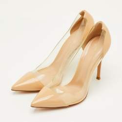 مملوكة مسبقًا حذاء كعب عالي جيانفيتو روسي بليكسى جلد لامع وبي في سي بيج/شفاف مقدمة مدببة مقاس 39.5